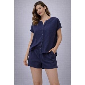 GAPBody‎ Navy Blue Textured Button Up Pajama Set Shorts Top Women M Tall